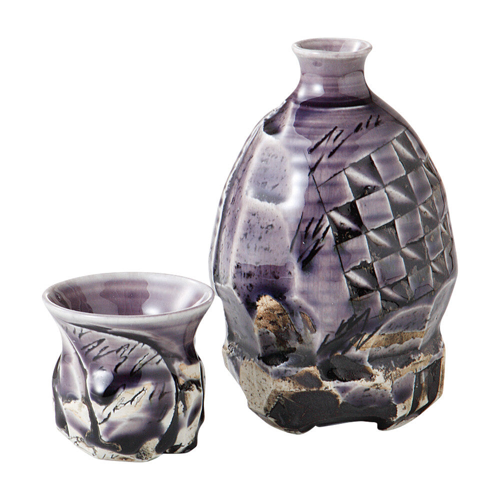 Mino Yaki (Ware) Hand Drawn Sake Set Dark Purple