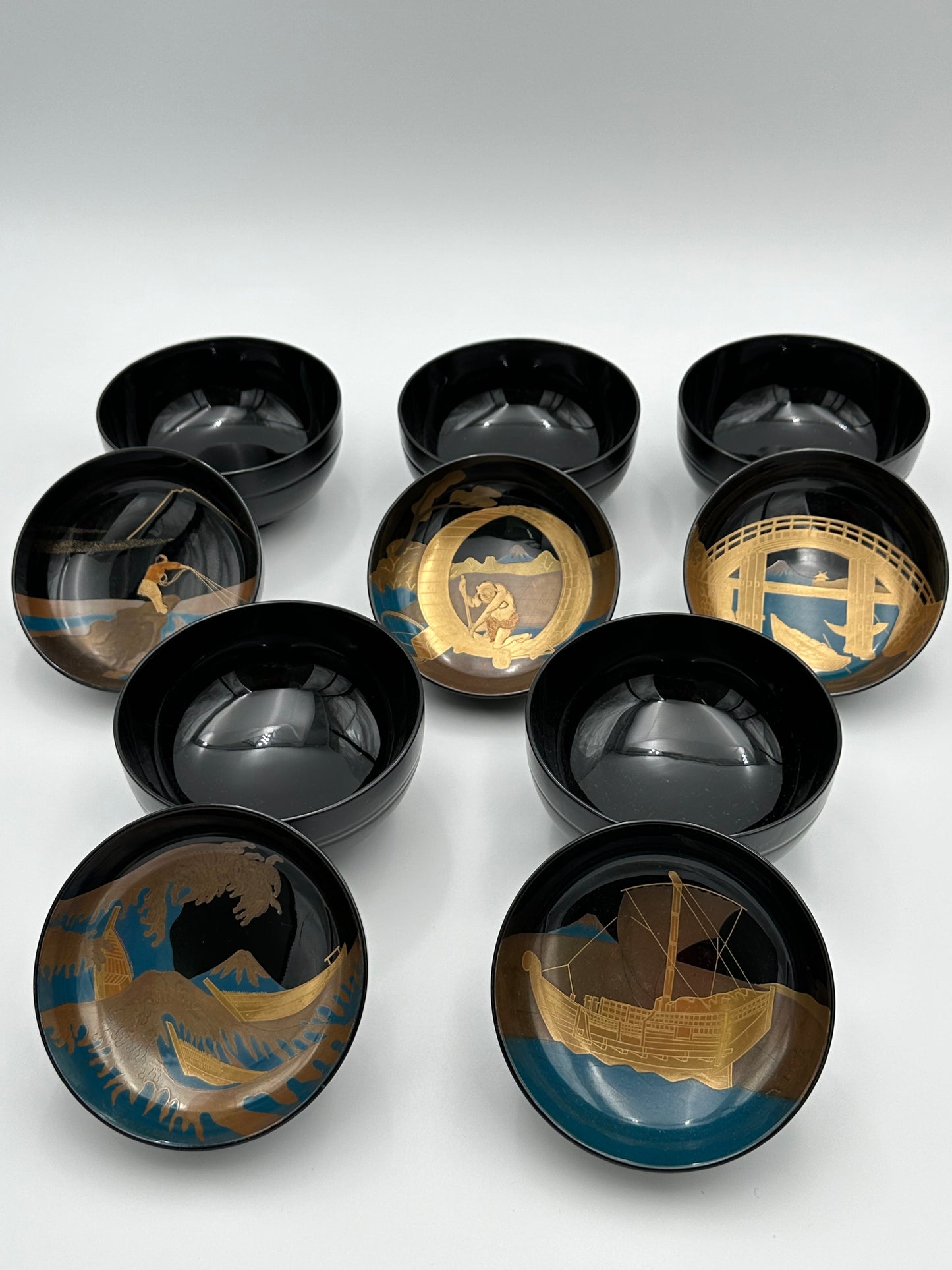 Wajima Lacquerware Bowl with Five Views of Mount Fuji Illustration by Kihachi (5 pieces)