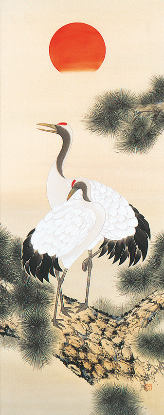 Hand Painted Hanging Scroll/ Cranes on the pine tree, Traditional Japanese painting, Original painting by Housen Tanoue