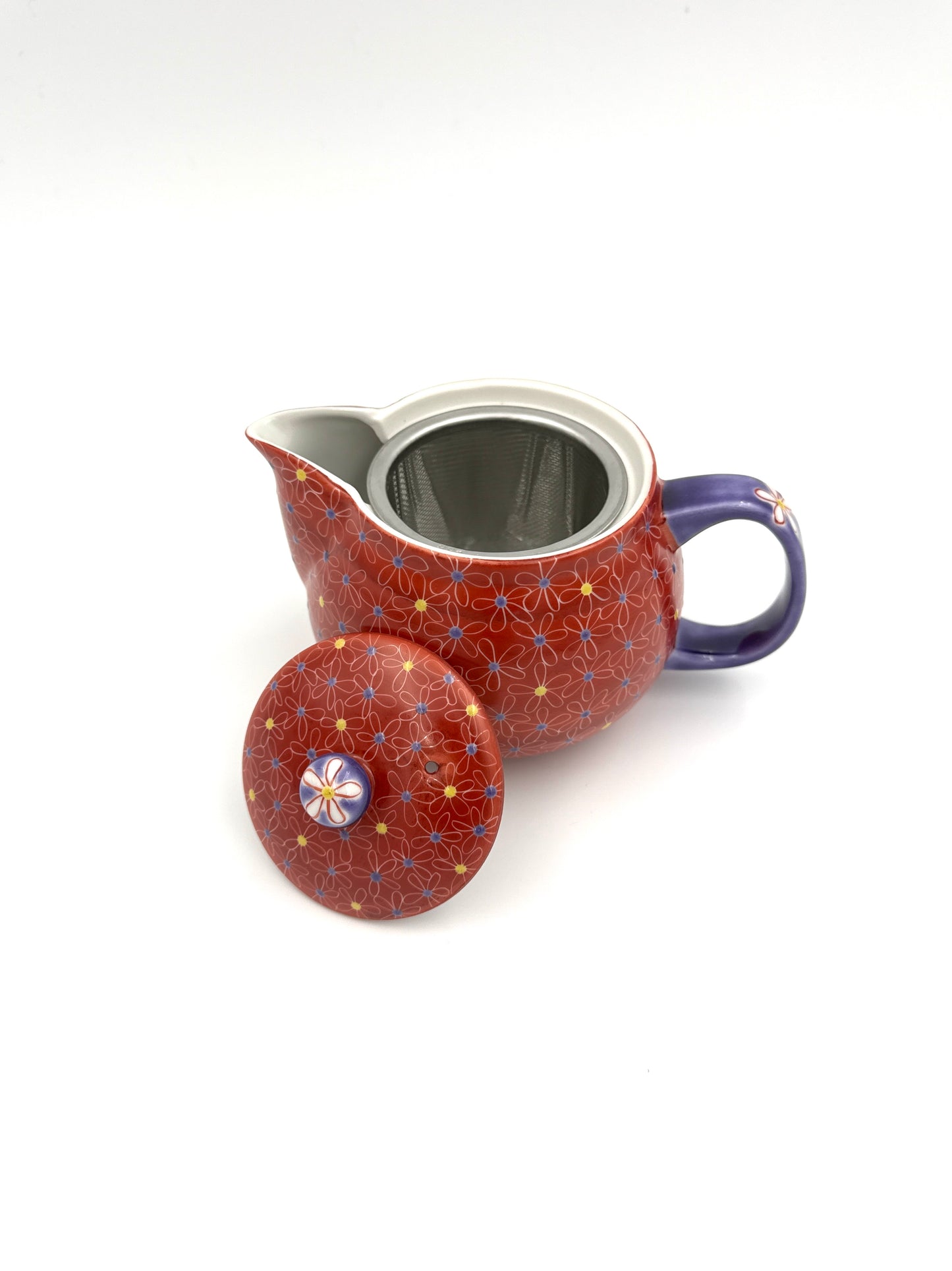 Kutani Yaki (Ware) Red Tea Pot, Designed Small Flowers
