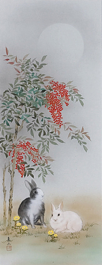 Hand Painted Hanging Scroll/ Nandina and rabbits, Traditional Japanese painting Original Painting by Shinji Fujisawa