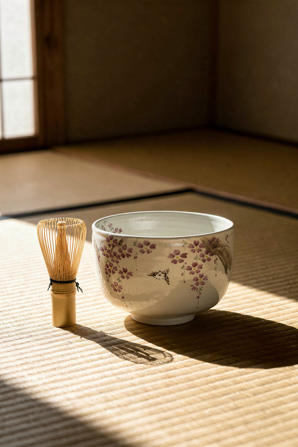 Kyo Yaki (Ware) Matcha Bowl Hand Painted Cherry Blossom and Sparrow