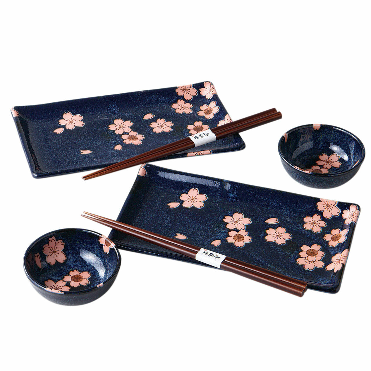 Mino Yaki Sushi set, Sakura Pattern (2 Plates, 2 Dishes, 2 Chopsticks)