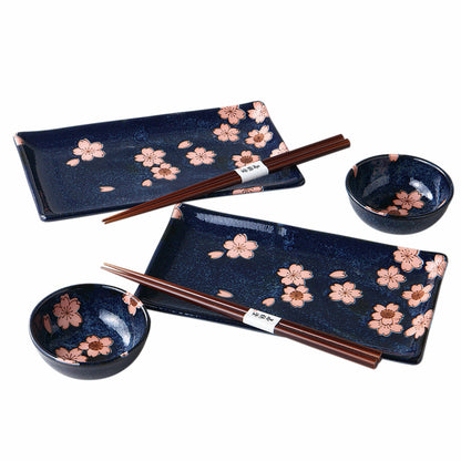 Mino Yaki Sushi set, Sakura Pattern (2 Plates, 2 Dishes, 2 Chopsticks)