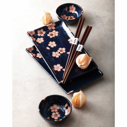 Mino Yaki Sushi set, Sakura Pattern (2 Plates, 2 Dishes, 2 Chopsticks)