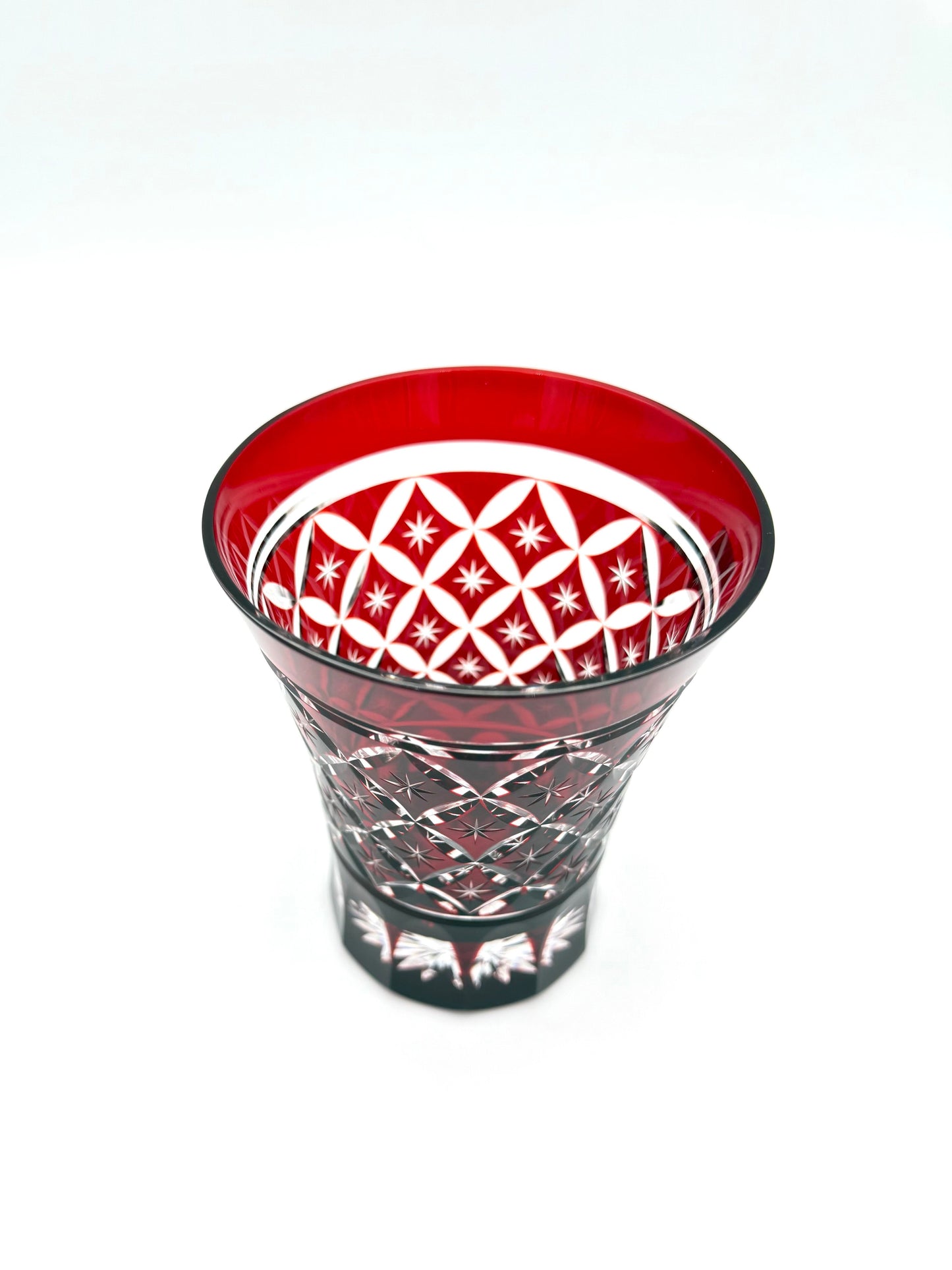 Edo Kiriko Hand-Cut Crystal Toasting Glass with Shippo Pattern with Wooden Box(Red)