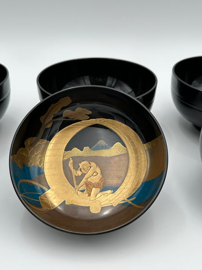 Wajima Lacquerware Bowl with Five Views of Mount Fuji Illustration by Kihachi (5Set)