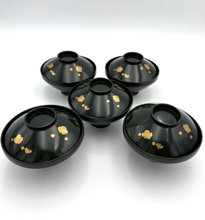 Meiji Era Wajima Lacquerware Blue Lacquer Bowl (5 pieces)