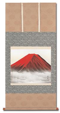 Hanging Scroll/ Red Mt. Fuji, Traditional Japanese painting Original Painting by Ariake Goto