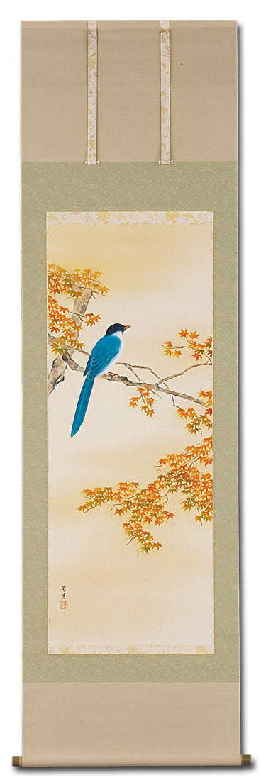 Hanging Scroll/ Maple leaves and Blue-and-white flycatcher, Traditional Japanese painting Original Painting by Keigetsu Sato,