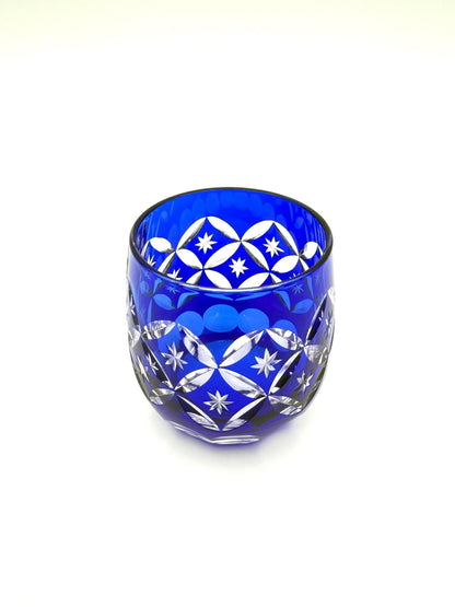 Edo Kiriko Hand-Cut Crystal Glass with Shippo Pattern (Blue) with Wooden Box