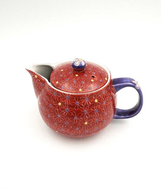 Kutani Yaki (Ware) Red Tea Pot, Designed Small Flowers
