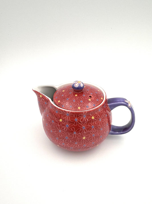 Kutani Yaki (Ware) Red Tea Pot, Designed Small Flowers