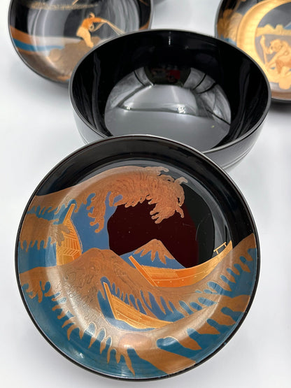 Wajima Lacquerware Bowl with Five Views of Mount Fuji Illustration by Kihachi (5 pieces)