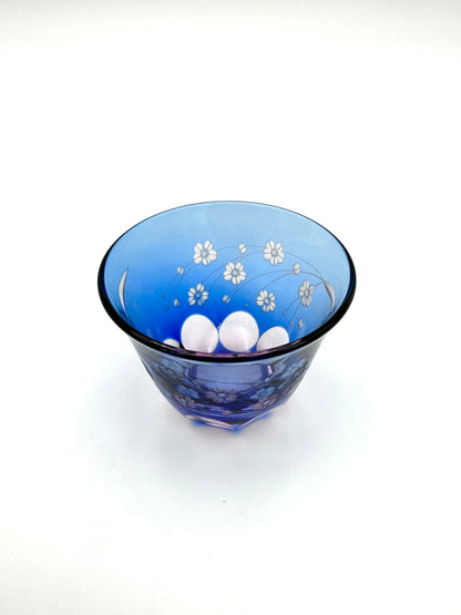 Edo Kiriko Cherry Blossom Sake Cup Set (Pink & Sky Blue Overlay)