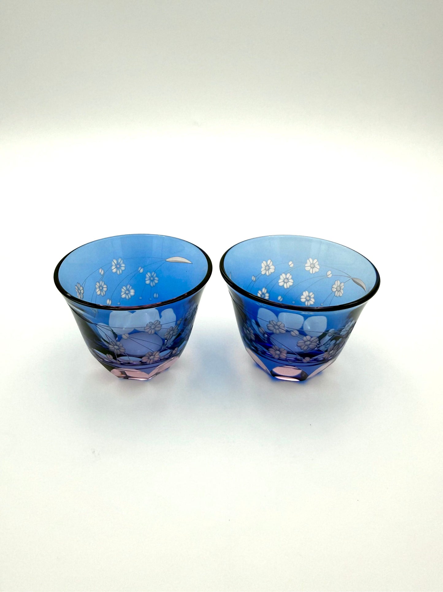Edo Kiriko Cherry Blossom Sake Cup Set (Pink & Sky Blue Overlay)