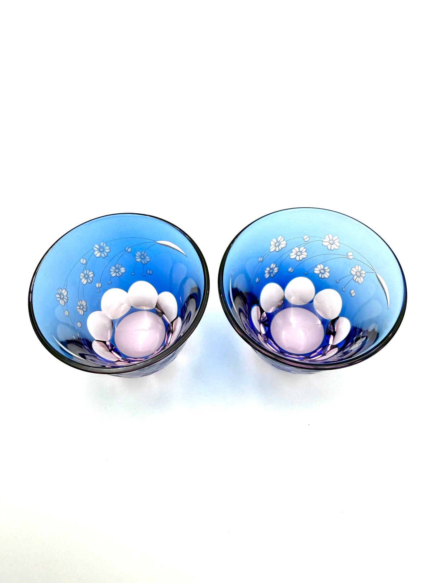 Edo Kiriko Cherry Blossom Sake Cup Set (Pink & Sky Blue Overlay)