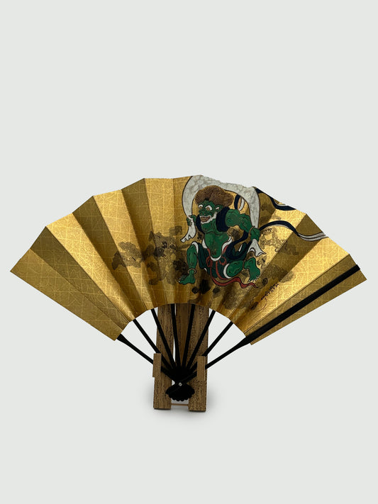 High Grade Decorative Kyoto Folding Fan Wind God and Thunder God with Stand