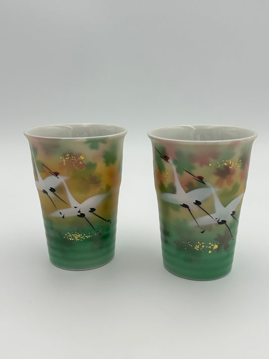 Kutani Yaki (Ware) Gold Leaf and Crane Pair Free Cup