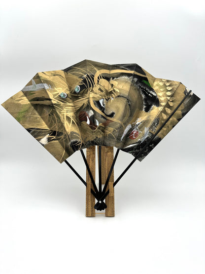 High Grade Decorative Kyoto Folding Fan with Hand-Drawn Dragon (with Fan Stand)