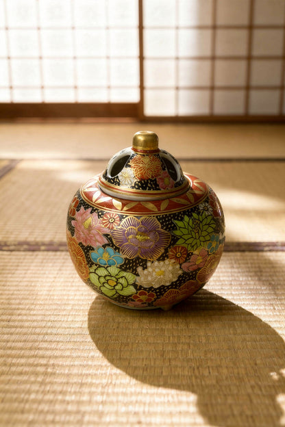 Kutani Yaki (Ware) Incense Burner, Floweres with Gold Edge, Black Background