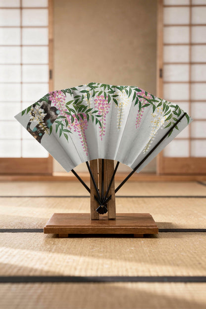 High Grade Decorative Kyoto Folding Fan Wisteria with Fan Stand