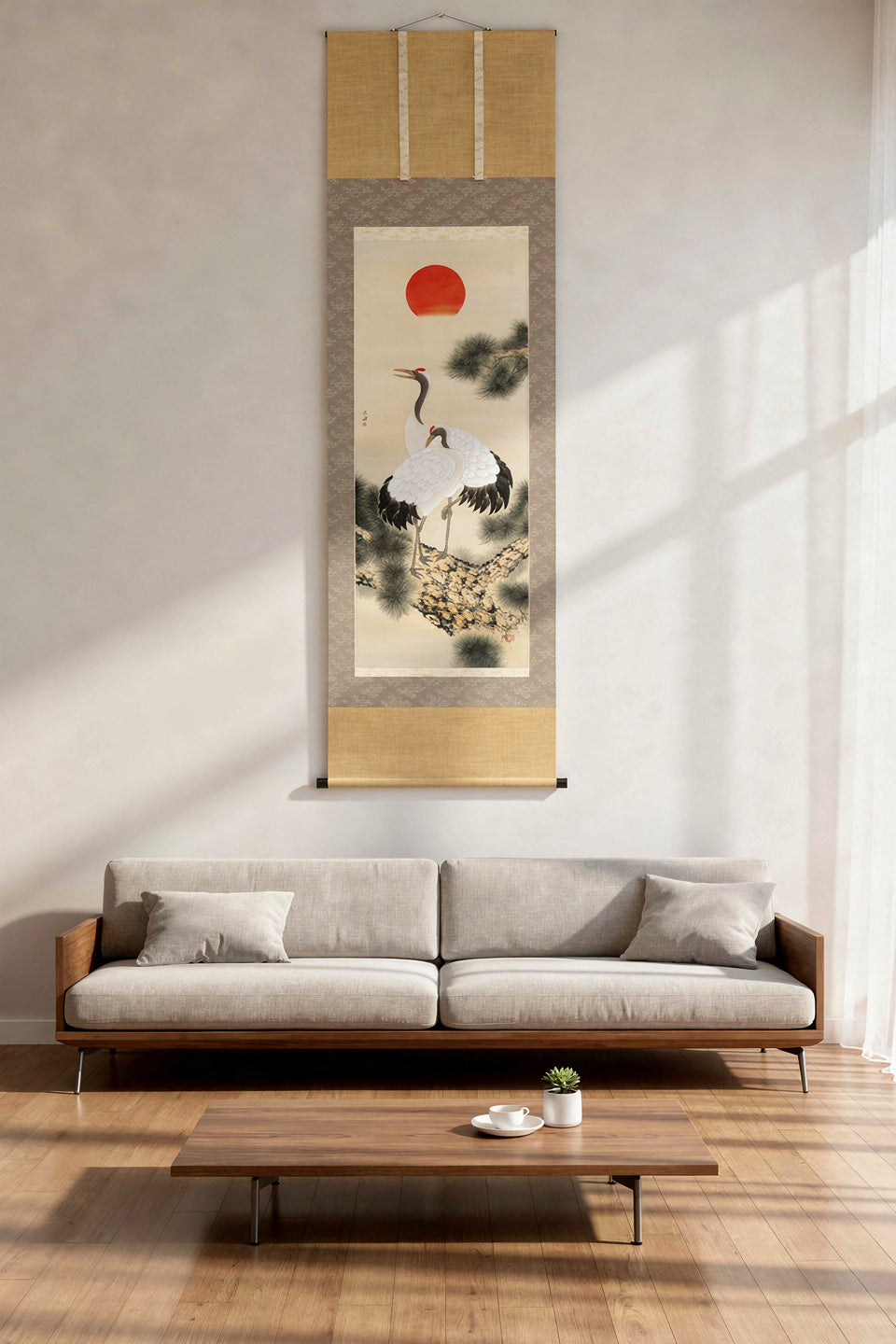 Hand Painted Hanging Scroll/ Cranes on the pine tree, Traditional Japanese painting, Original painting by Housen Tanoue