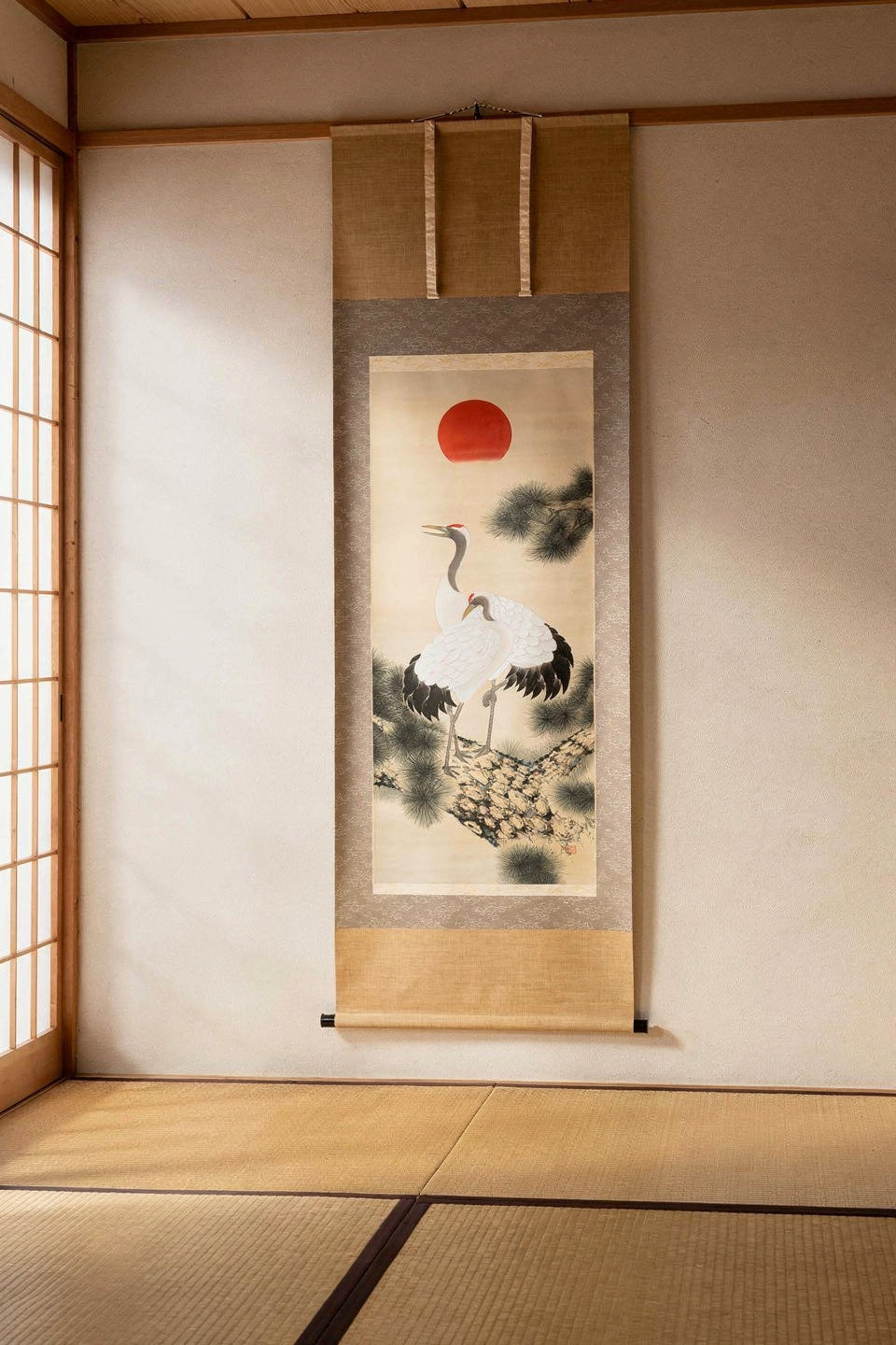 Hand Painted Hanging Scroll/ Cranes on the pine tree, Traditional Japanese painting, Original painting by Housen Tanoue