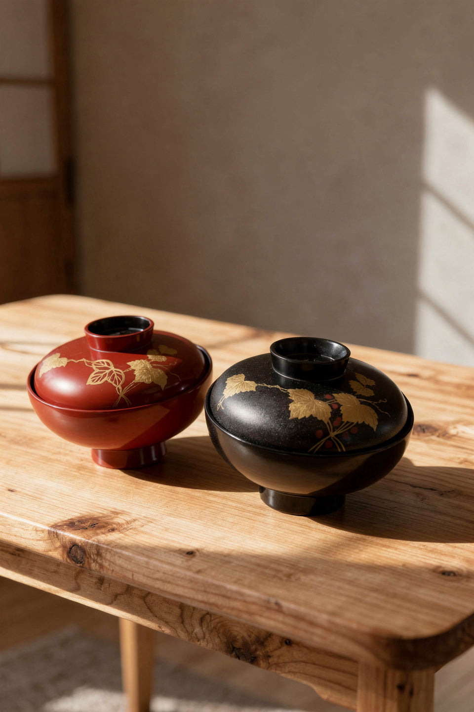 Kawatsura Lacquerware Soup Bowl Set – Ivy Motif in Red & Black
