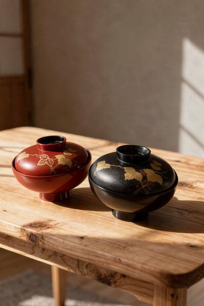 Kawatsura Lacquerware Soup Bowl Set – Ivy Motif in Red & Black