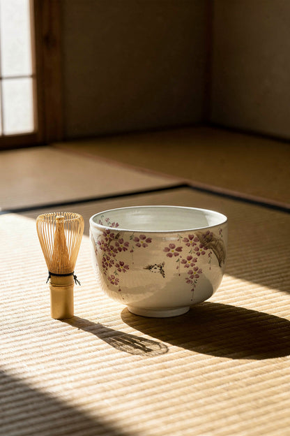 Kyo Yaki (Ware) Matcha Bowl Hand Painted Cherry Blossom and Sparrow
