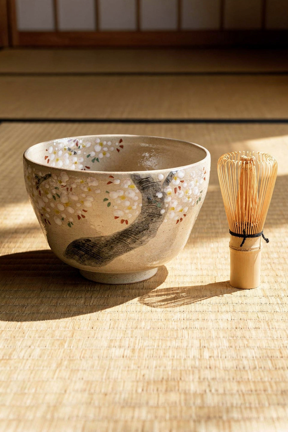 Kyo Yaki (Ware) Matcha Bowl Hand Painted Cherry Blossom