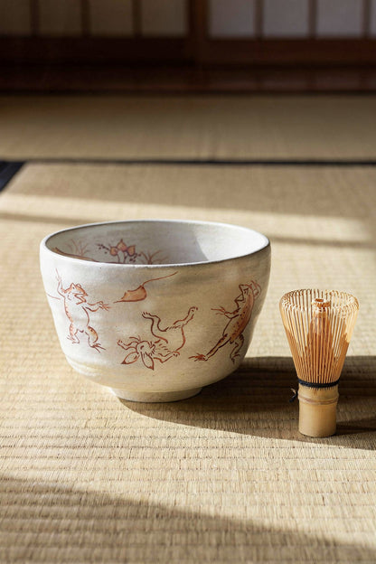 Kyo Yaki (Ware) Matcha Bowl and Painted Frolicking Animals(Choju-Giga)