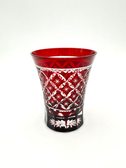 Edo Kiriko Hand-Cut Crystal Toasting Glass with Shippo Pattern with Wooden Box(Red)