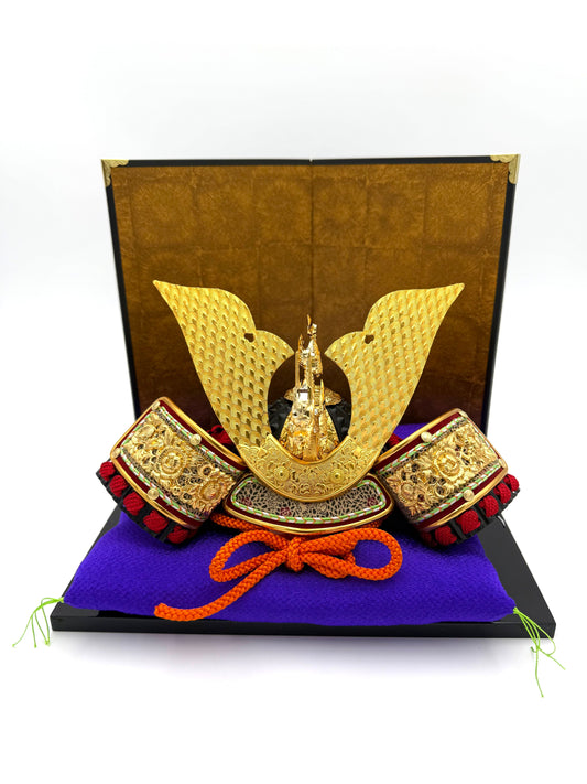 Japanese Handcrafted Samurai Helmet Display (Kabuto) with Dragon Crest, Screen & Cushio