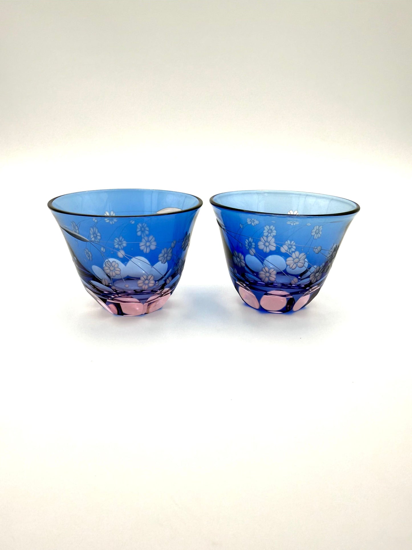 Edo Kiriko Cherry Blossom Sake Cup Set (Pink & Sky Blue Overlay)