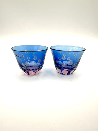 Edo Kiriko Cherry Blossom Sake Cup Set (Pink & Sky Blue Overlay)