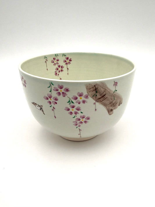 Kyo Yaki (Ware) Matcha Bowl Hand Painted Cherry Blossom and Sparrow