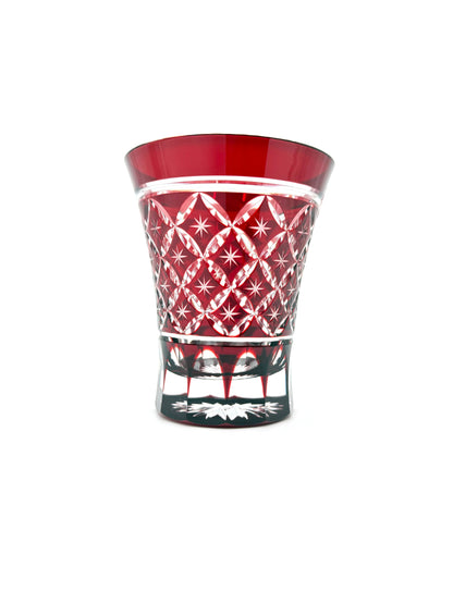 Edo Kiriko Hand-Cut Crystal Toasting Glass with Shippo Pattern with Wooden Box(Red)